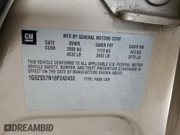 2008 Saturn Aura XE with VIN 1G8ZS57N18F242430, listed as a Copart auction lot 80615085 with 230,873 mi miles and Salvage title. Bid and sale history available at DreamBid. Image 12.
