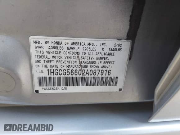 2002 Honda Accord EX with VIN 1HGCG56602A087916, listed as a IAAI auction lot 42923472 with 131,014 mi miles and . Bid and sale history available at DreamBid. Image 9.