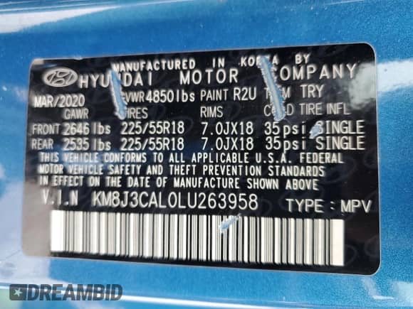 2020 Hyundai Tucson Sport с VIN KM8J3CAL0LU263958, выставлен на аукционе Copart как лот 48581035 с пробегом 30 678 миль миль и Списание • Salvage title. История ставок и продаж доступна на DreamBid. Изображение 13.