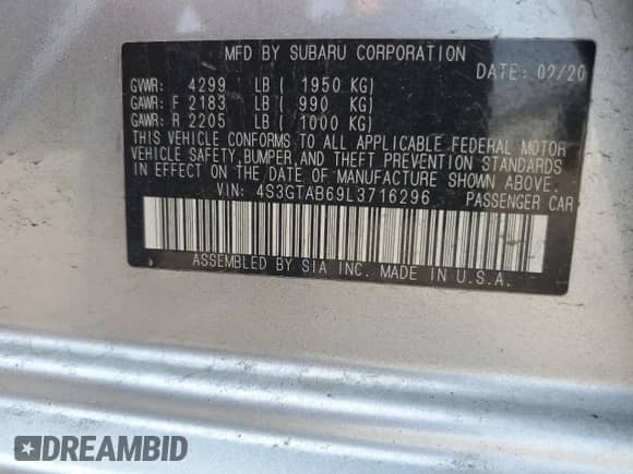 2020 Subaru Impreza with VIN 4S3GTAB69L3716296, listed as a Copart auction lot 65424385 with 54,741 mi miles and Salvage title. Bid and sale history available at DreamBid. Image 12.