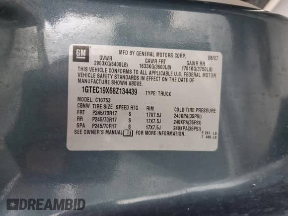 2008 GMC Sierra 1500 Work Truck with VIN 1GTEC19X68Z134439, listed as a Copart auction lot 88669475 with 122,092 mi miles and Salvage title. Bid and sale history available at DreamBid. Image 12.