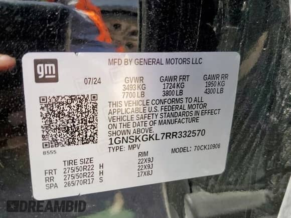 2024 Chevrolet Suburban High Country z VIN 1GNSKGKL7RR332570, wystawiony jako Copart lot #66555305 z przebiegiem 12 113 mil mil oraz Szkoda całkowita • Salvage title. Historia ofert i sprzedaży dostępna na DreamBid. Obrazek 13.