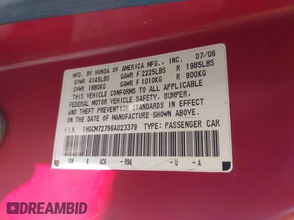 2006 Honda Accord EX with VIN 1HGCM72796A023379, listed as a IAAI auction lot 42807841 with 276,455 mi miles and . Bid and sale history available at DreamBid. Image 9.