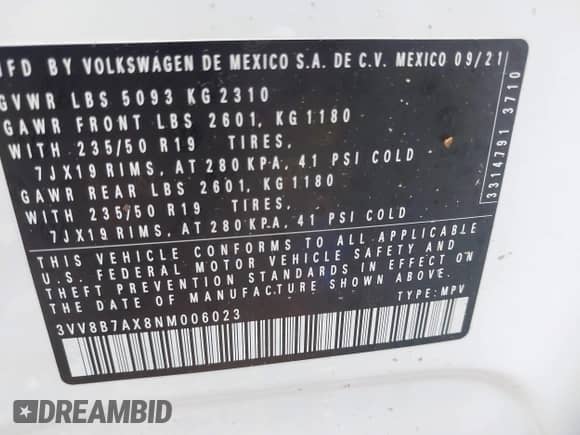 2022 Volkswagen Tiguan SE R-Line Black с VIN 3VV8B7AX8NM006023, выставлен на аукционе IAAI как лот 42258466 с пробегом Не указан миль и . История ставок и продаж доступна на DreamBid. Изображение 9.