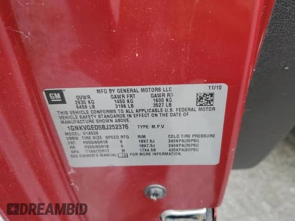 2011 Chevrolet Traverse 1LT с VIN 1GNKVGED5BJ252376, выставлен на аукционе Copart как лот 71309495 с пробегом 104 524 миль миль и Чистый • Clean title. История ставок и продаж доступна на DreamBid. Изображение 13.