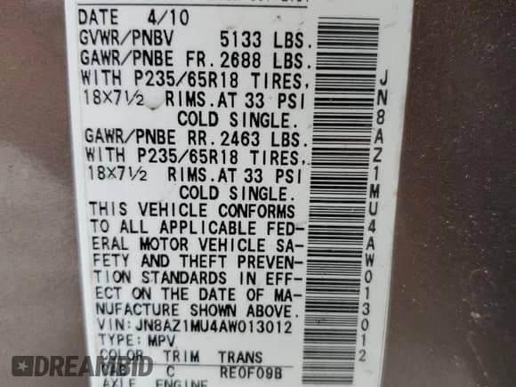 2010 Nissan Murano SL z VIN JN8AZ1MU4AW013012, wystawiony jako Copart lot #84727605 z przebiegiem 144 417 mil mil oraz Szkoda całkowita • Salvage title. Historia ofert i sprzedaży dostępna na DreamBid. Obrazek 13.