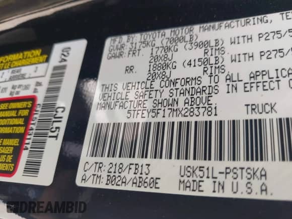 2021 Toyota Tundra SR5 with VIN 5TFEY5F17MX283781, listed as a IAAI auction lot 43207199 with 50,988 mi miles and . Bid and sale history available at DreamBid. Image 9.