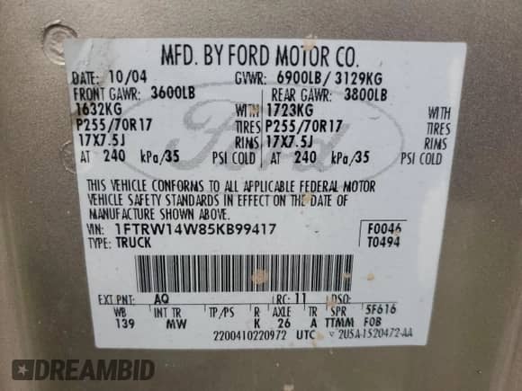 2005 Ford F-150 XLT with VIN 1FTRW14W85KB99417, listed as a Copart auction lot 84995285 with 158,083 mi miles and Clean title. Bid and sale history available at DreamBid. Image 12.