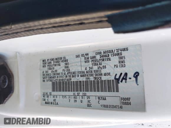 1999 Ford Econoline Cargo с VIN 1FTRE1421XHB21609, выставлен на аукционе IAAI как лот 42070347 с пробегом 103 104 миль миль и . История ставок и продаж доступна на DreamBid. Изображение 9.