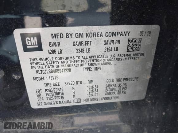 2019 Chevrolet Trax LT with VIN KL7CJLSB4KB947220, listed as a IAAI auction lot 43299045 with Not provided miles and . Bid and sale history available at DreamBid. Image 9.