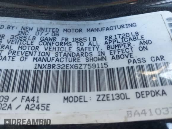 2006 Toyota Corolla LE with VIN 1NXBR32EX6Z759115, listed as a IAAI auction lot 43423539 with 161,885 mi miles and . Bid and sale history available at DreamBid. Image 9.