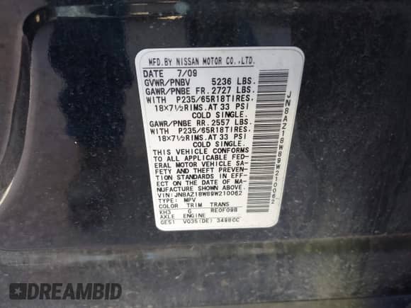 2009 Nissan Murano SL with VIN JN8AZ18W89W210062, listed as a IAAI auction lot 41484519 with 229,234 mi miles and . Bid and sale history available at DreamBid. Image 9.