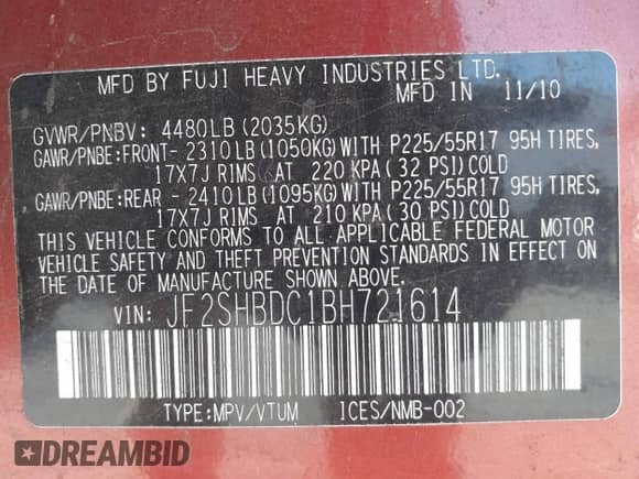 2011 Subaru Forester X Premium with VIN JF2SHBDC1BH721614, listed as a IAAI auction lot 43422762 with 172,248 mi miles and . Bid and sale history available at DreamBid. Image 9.