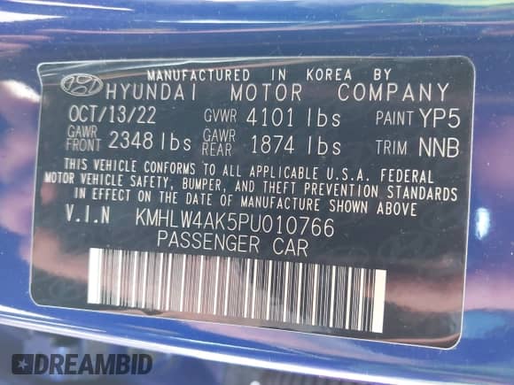 2023 Hyundai Elantra с VIN KMHLW4AK5PU010766, выставлен на аукционе IAAI как лот 42034700 с пробегом 17 566 миль миль и . История ставок и продаж доступна на DreamBid. Изображение 9.