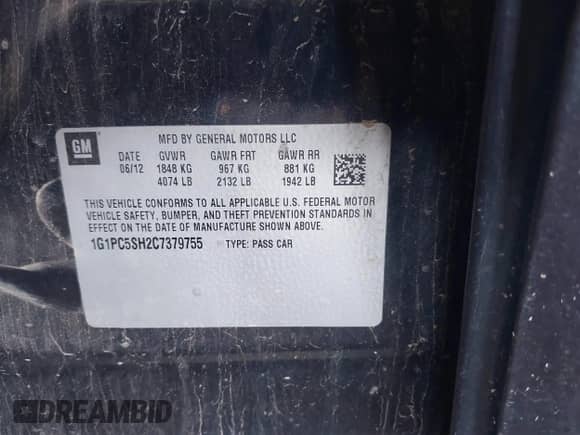 2012 Chevrolet Cruze LS z VIN 1G1PC5SH2C7379755, wystawiony jako IAAI lot #43475685 z przebiegiem 119 961 mil mil oraz . Historia ofert i sprzedaży dostępna na DreamBid. Obrazek 9.