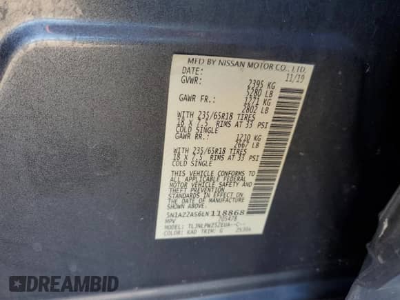 2020 Nissan Murano S with VIN 5N1AZ2AS6LN118868, listed as a Copart auction lot 77817224 with 74,734 mi miles and Non repairable. Bid and sale history available at DreamBid. Image 16.