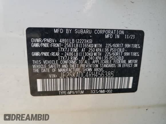 2024 Subaru Forester Premium z VIN JF2SKADC4RH456385, wystawiony jako Copart lot #81159885 z przebiegiem 25 793 mil mil oraz Szkoda całkowita • Salvage title. Historia ofert i sprzedaży dostępna na DreamBid. Obrazek 14.