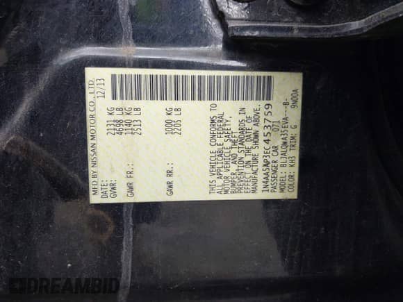 2014 Nissan Maxima SV with VIN 1N4AA5AP3EC453759, listed as a IAAI auction lot 42050714 with 166,700 mi miles and . Bid and sale history available at DreamBid. Image 9.