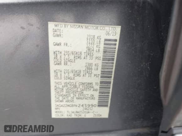 2015 Nissan Murano SV with VIN 5N1AZ2MG8FN245990, listed as a IAAI auction lot 42597391 with 184,532 mi miles and . Bid and sale history available at DreamBid. Image 9.