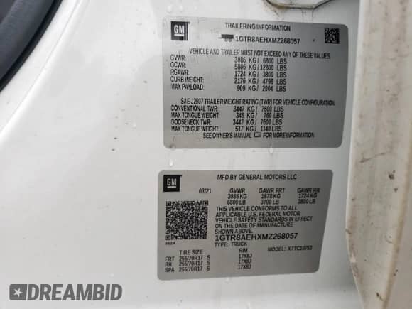 2021 GMC Sierra 1500 with VIN 1GTR8AEHXMZ268057, listed as a Copart auction lot 58497265 with 57,073 mi miles and Salvage title. Bid and sale history available at DreamBid. Image 12.