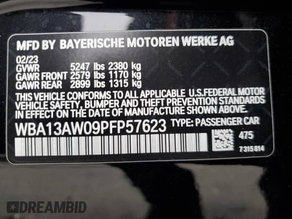 2023 BMW 4 Series M440i xDrive с VIN WBA13AW09PFP57623, выставлен на аукционе Copart как лот 87034004 с пробегом Не указан миль и Списание • Salvage title. История ставок и продаж доступна на DreamBid. Изображение 12.