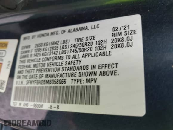 2021 Honda Pilot Special Edition with VIN 5FNYF6H28MB058066, listed as a IAAI auction lot 42983532 with 156,323 mi miles and . Bid and sale history available at DreamBid. Image 9.