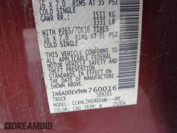 2017 Nissan Frontier SV с VIN 1N6AD0EV9HN760016, выставлен на аукционе IAAI как лот 41391658 с пробегом Не указан миль и . История ставок и продаж доступна на DreamBid. Изображение 9.