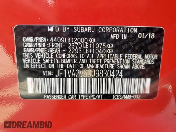 2018 Subaru WRX STI с VIN JF1VA2M63J9830424, выставлен на аукционе Copart как лот 67687105 с пробегом 75 294 миль миль и Списание • Salvage title. История ставок и продаж доступна на DreamBid. Изображение 12.