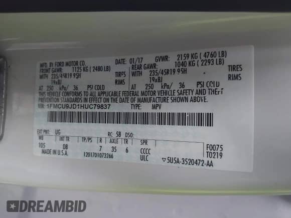 2017 Ford Escape Titanium with VIN 1FMCU9JD1HUC79837, listed as a IAAI auction lot 43172689 with 130,309 mi miles and . Bid and sale history available at DreamBid. Image 9.