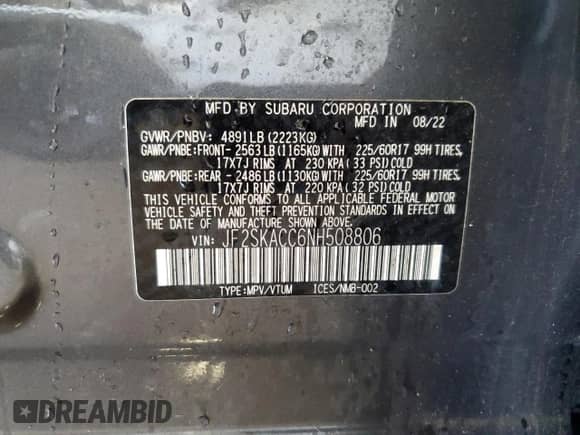 2022 Subaru Forester z VIN JF2SKACC6NH508806, wystawiony jako Copart lot #60715235 z przebiegiem 29 991 mil mil oraz Szkoda całkowita • Salvage title. Historia ofert i sprzedaży dostępna na DreamBid. Obrazek 13.