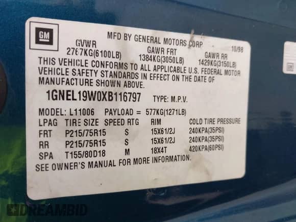 1999 Chevrolet Astro с VIN 1GNEL19W0XB116797, выставлен на аукционе IAAI как лот 42219437 с пробегом 120 902 миль миль и . История ставок и продаж доступна на DreamBid. Изображение 9.