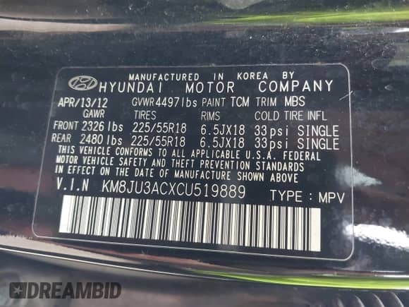 2012 Hyundai Tucson GLS with VIN KM8JU3ACXCU519889, listed as a IAAI auction lot 43041175 with 157,398 mi miles and . Bid and sale history available at DreamBid. Image 9.