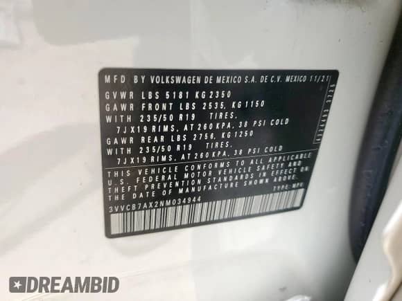 2022 Volkswagen Tiguan SE R-Line Black с VIN 3VVCB7AX2NM034944, выставлен на аукционе Copart как лот 61990465 с пробегом 47 678 миль миль и Списание • Salvage title. История ставок и продаж доступна на DreamBid. Изображение 13.