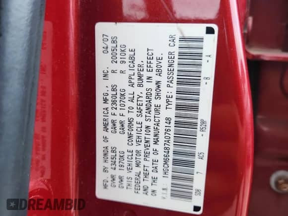 2007 Honda Accord LX SE с VIN 1HGCM66487A076148, выставлен на аукционе Copart как лот 67643815 с пробегом 107 880 миль миль и Списание • Salvage title. История ставок и продаж доступна на DreamBid. Изображение 12.