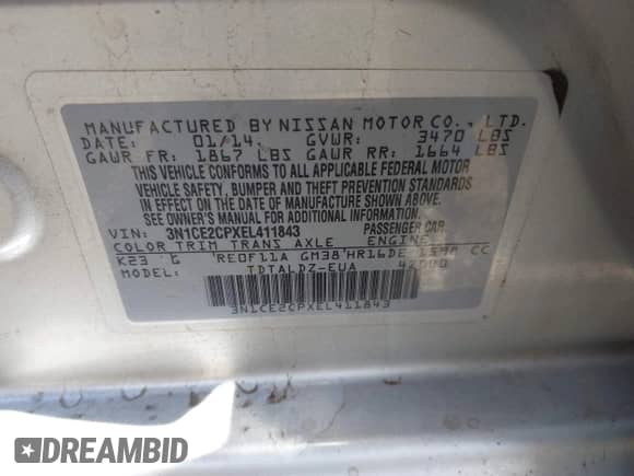 2014 Nissan Note SV with VIN 3N1CE2CPXEL411843, listed as a IAAI auction lot 42162190 with 91,514 mi miles and . Bid and sale history available at DreamBid. Image 9.