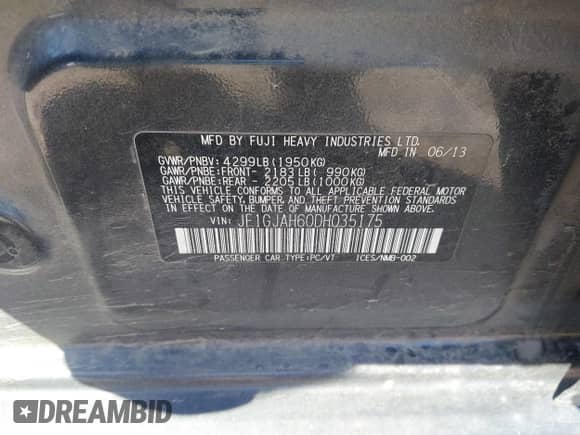 2013 Subaru Impreza Limited with VIN JF1GJAH60DH035175, listed as a IAAI auction lot 42510853 with 90,416 mi miles and . Bid and sale history available at DreamBid. Image 9.