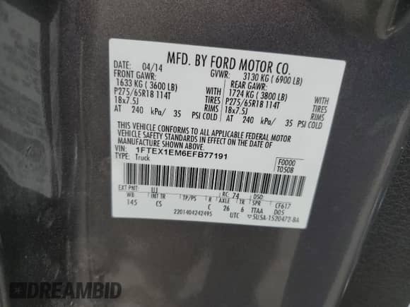 2014 Ford F-150 XL с VIN 1FTEX1EM6EFB77191, выставлен на аукционе Copart как лот 80015425 с пробегом 99 968 миль миль и Списание • Salvage title. История ставок и продаж доступна на DreamBid. Изображение 12.