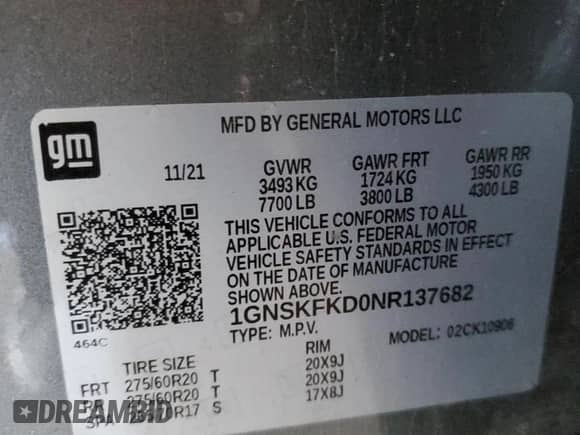 2022 Chevrolet Suburban Premier с VIN 1GNSKFKD0NR137682, выставлен на аукционе Copart как лот 42317075 с пробегом 51 164 миль миль и Чистый • Clean title. История ставок и продаж доступна на DreamBid. Изображение 13.