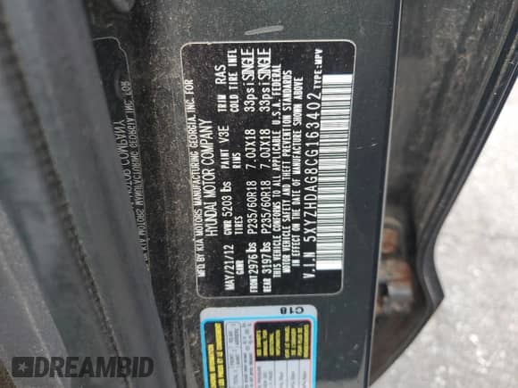 2012 Hyundai Santa Fe SE with VIN 5XYZHDAG8CG163402, listed as a Copart auction lot 65803865 with 201,197 mi miles and Salvage title. Bid and sale history available at DreamBid. Image 12.