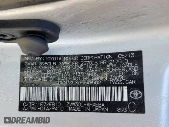 2013 Toyota Prius One с VIN JTDKN3DUXD5649502, выставлен на аукционе Copart как лот 82287725 с пробегом 291 402 миль миль и Списание • Salvage title. История ставок и продаж доступна на DreamBid. Изображение 12.