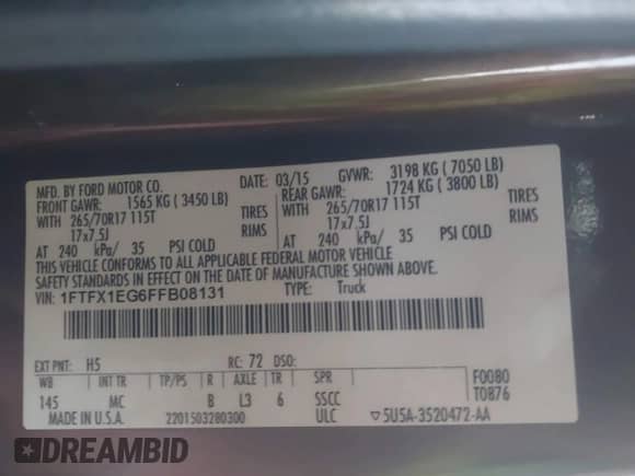 2015 Ford F-150 XLT with VIN 1FTFX1EG6FFB08131, listed as a IAAI auction lot 43210127 with 250,984 mi miles and . Bid and sale history available at DreamBid. Image 9.