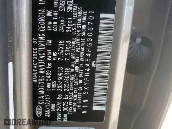 2017 Kia Sorento EX with VIN 5XYPH4A54HG306701, listed as a Copart auction lot 58261465 with 76,934 mi miles and Salvage title. Bid and sale history available at DreamBid. Image 13.