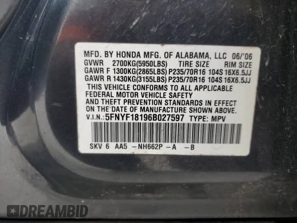 2006 Honda Pilot LX с VIN 5FNYF18196B027597, выставлен на аукционе Copart как лот 89926765 с пробегом 199 798 миль миль и Чистый • Clean title. История ставок и продаж доступна на DreamBid. Изображение 13.