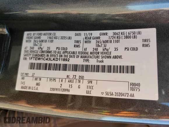 2020 Ford F-150 XLT with VIN 1FTEW1C43LKD11892, listed as a Copart auction lot 84979575 with 113,232 mi miles and Salvage title. Bid and sale history available at DreamBid. Image 12.