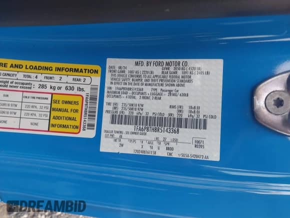 2024 Ford Mustang EcoBoost с VIN 1FA6P8TH8R5143368, выставлен на аукционе IAAI как лот 43025741 с пробегом 9 326 миль миль и . История ставок и продаж доступна на DreamBid. Изображение 9.