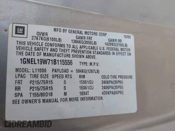 2001 Chevrolet Astro с VIN 1GNEL19W71B115556, выставлен на аукционе IAAI как лот 42695026 с пробегом 326 462 миль миль и . История ставок и продаж доступна на DreamBid. Изображение 9.