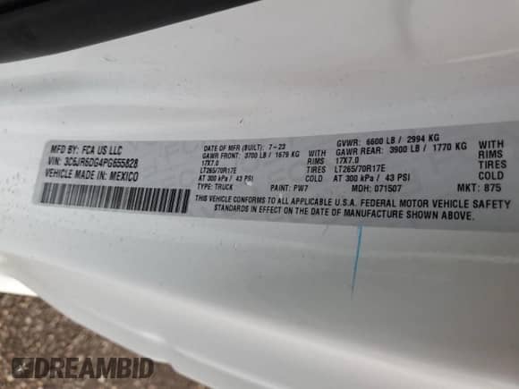 2023 Ram 1500 Tradesman с VIN 3C6JR6DG4PG655828, выставлен на аукционе Copart как лот 68788165 с пробегом 31 913 миль миль и Чистый • Clean title. История ставок и продаж доступна на DreamBid. Изображение 12.