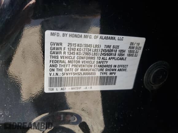 2020 Honda Pilot EX-L z VIN 5FNYF5H52LB006855, wystawiony jako Copart lot #69862375 z przebiegiem 67 507 mil mil oraz Szkoda całkowita • Salvage title. Historia ofert i sprzedaży dostępna na DreamBid. Obrazek 12.