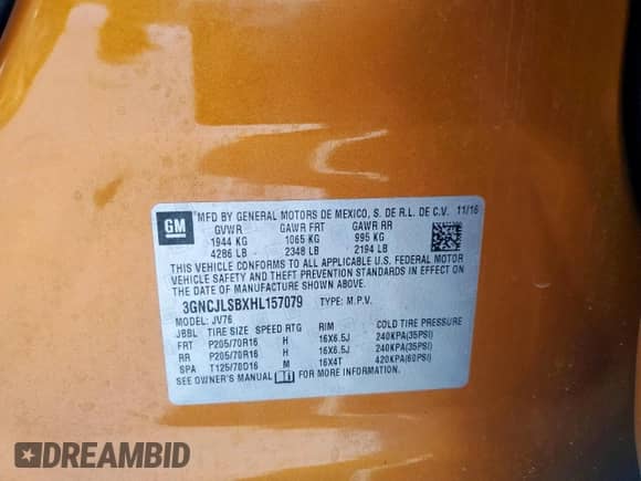 2017 Chevrolet Trax LT с VIN 3GNCJLSBXHL157079, выставлен на аукционе Copart как лот 82083675 с пробегом 70 334 миль миль и Чистый • Clean title. История ставок и продаж доступна на DreamBid. Изображение 13.