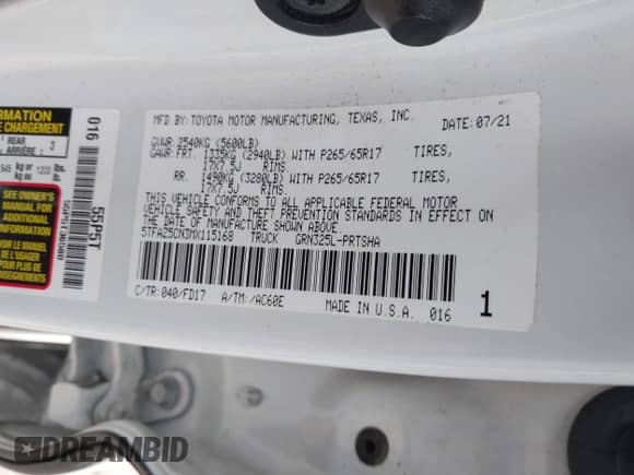 2021 Toyota Tacoma SR5 с VIN 5TFAZ5CN3MX115168, выставлен на аукционе IAAI как лот 43085128 с пробегом 58 720 миль миль и . История ставок и продаж доступна на DreamBid. Изображение 9.